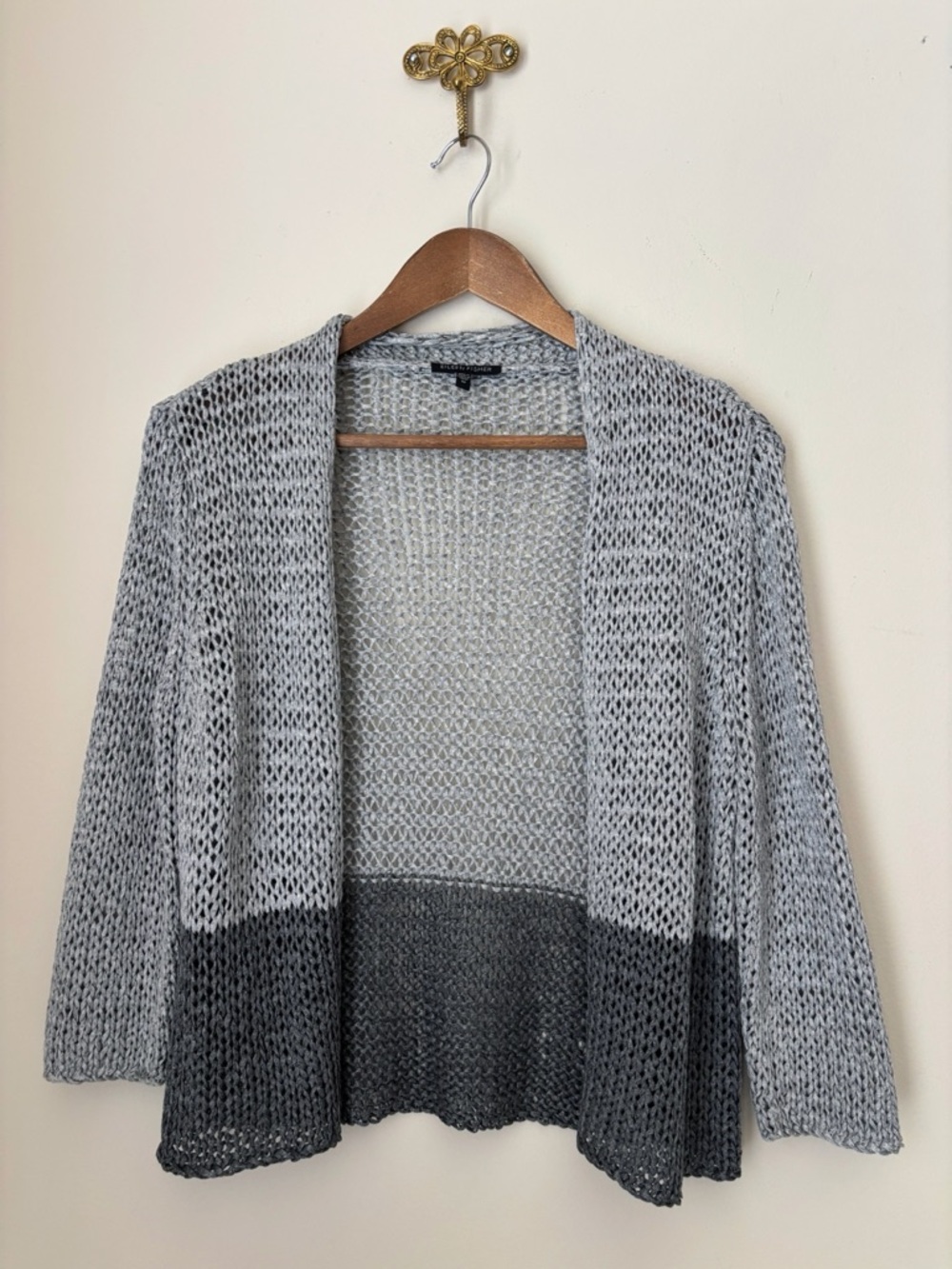 Eileen Fisher Grey Colorblock Chunky Knit Cardigan Sweater Medium